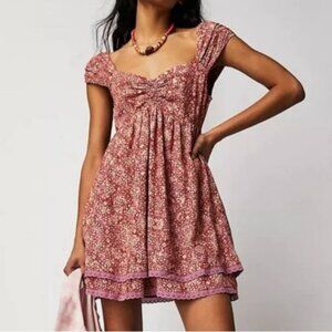 Free People Tabitha Floral Print Mini Dress Sleeveless Tiered Lace Trim Small